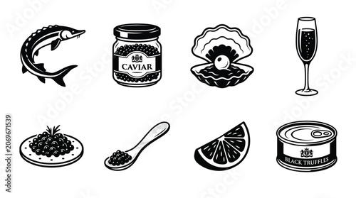Obraz na plátně Vector luxury gourmet food icons set featuring sturgeon fish, caviar jar, oys