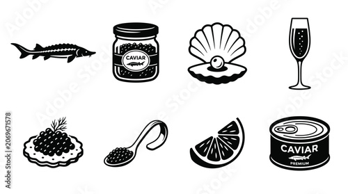 Fotografie Vector luxury gourmet food icons set featuring sturgeon fish, caviar jar, oys