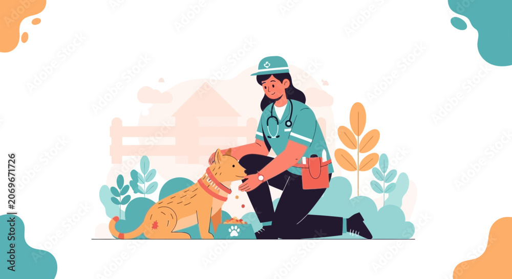 Fototapeta premium Veterinarian Cares For Dog, Animal Health Concept Illustration