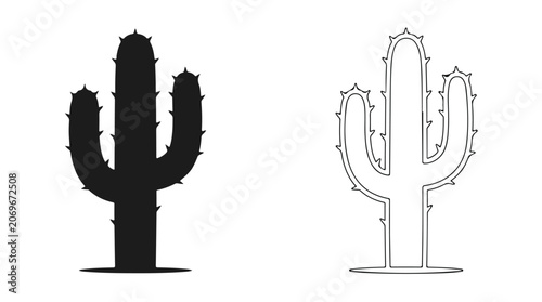 Saguaro cactus silhouette and outline vector set, minimalist desert plant icons, black and white prickly pear succulent graphics for logo design