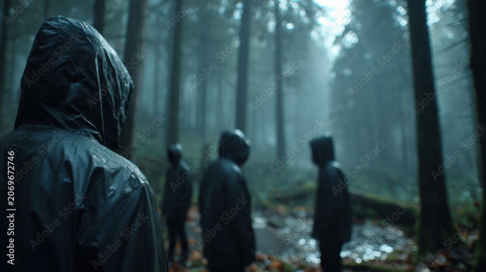 Fototapeta premium Group of individuals wearing dark raincoats gathered in a misty dense forest with tall trees and wet ground creating a mysterious and eerie atmosphere