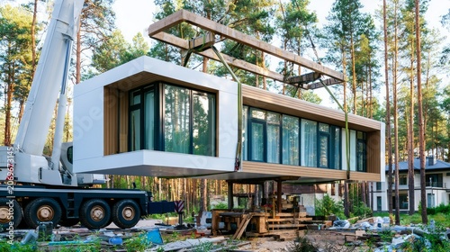 Modern Modular Building Assembly in Forested Area with Crane Lifting Unit for Residential Development