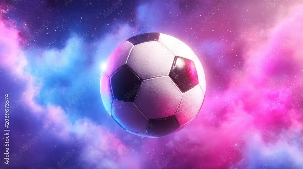 Naklejka premium A classic black and white soccer ball floating in a vibrant cosmic nebula with colorful pink and blue clouds and scattered stars in outer space background