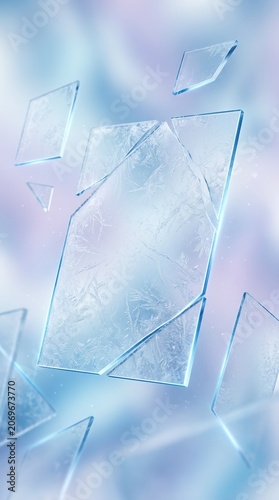 Floating translucent ice shards on soft blue background.