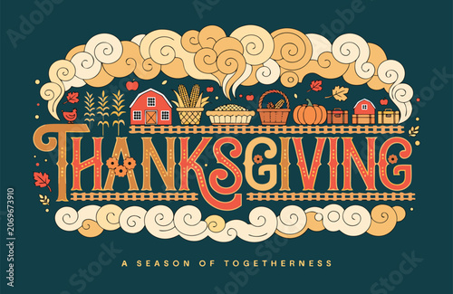 Thanksgiving typography with barn farm scene and steam clouds thanksgiving typography lettering seasonal background
