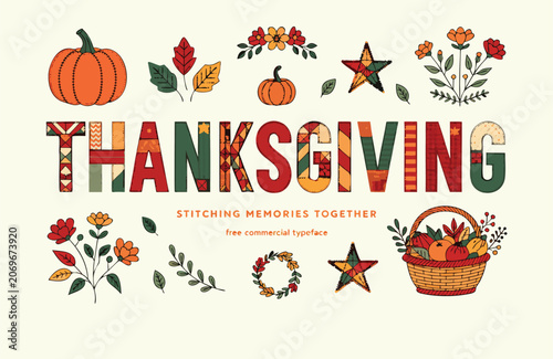 Thanksgiving typography design with harvest motifs and pumpkin basket thanksgiving typography seasonal celebration