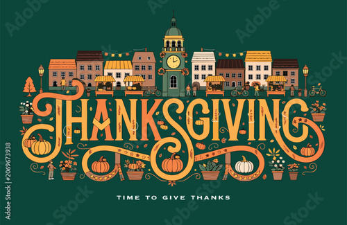 Thanksgiving lettering design featuring a town clock tower and street market thanksgiving typography lettering