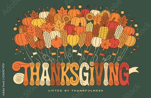 Thanksgiving artistic lettering illustration with harvest crops and fall produce thanksgiving pumpkins typography