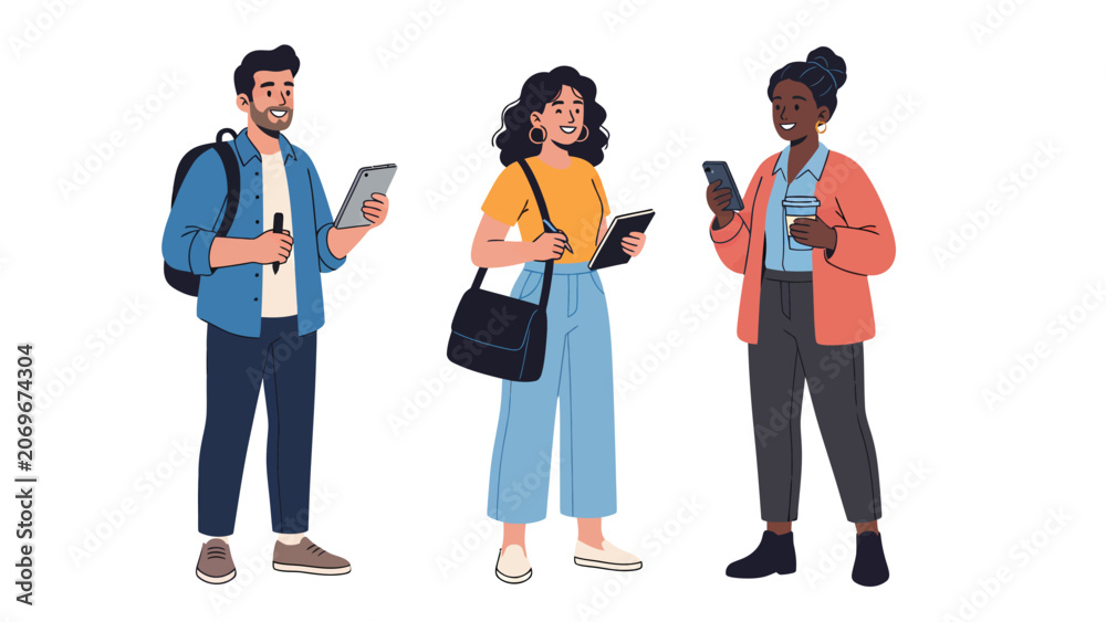 Obraz premium Three diverse young adults standing and holding digital devices, smiling and looking engaged.