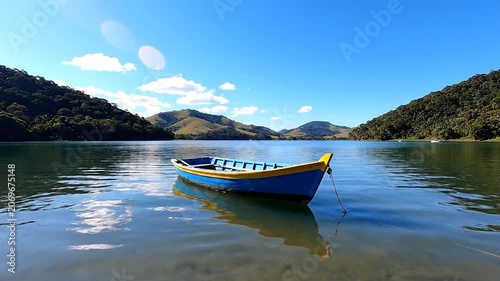 A small blue and yellow wooden boat floats on a calm tropical bay