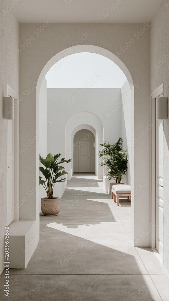Fototapeta premium A bright hallway leads to an arched doorway with potted plants on either side