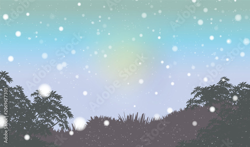 Vector illustration of heavy winter snowfall over forest landscape silhouettes with a pastel gradient sky