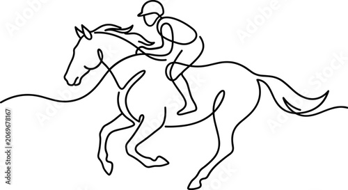 Schilderij op canvas Continuous line drawing of a jockey riding a horse.