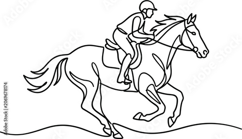 Cuadro en lienzo Continuous line drawing of a jockey riding a horse at full gallop