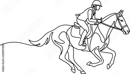 Bild auf Leinwand Continuous line drawing of a horse and jockey galloping.