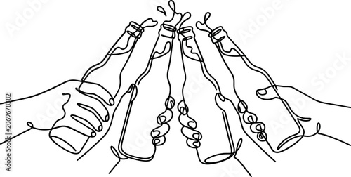 Tableau sur toile Continuous one line drawing of hands toasting with beer bottles.