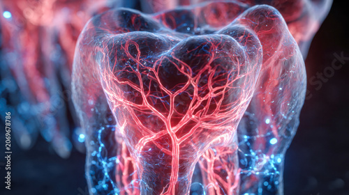 3d rendered visual of human teeth showing detailed network of blood vessels and nerves inside the tooth structure with glowing red and blue highlights in dark backgr
