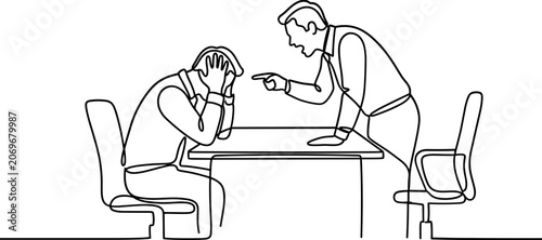 Obraz na plátně Continuous line drawing of an angry boss reprimanding a stressed employee at a desk