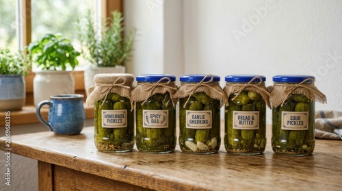 Four jars of assorted homemade pickles and preserves lined up on a wooden surface