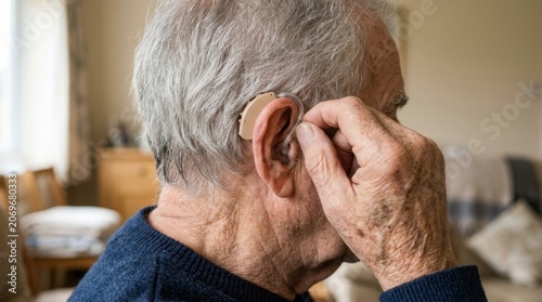 Elderly man with gray hair placing a hearing aid device behind his ear, focusing on care and technology for improved sound.