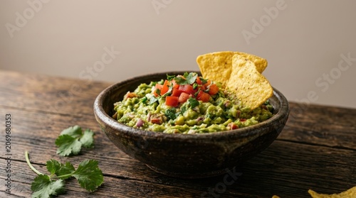 Freshly Made Guacamole with Tortilla Chips in a Rustic Bowl on a Wooden Table