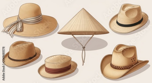 A collection of various straw hats including cowboy hats and asian conical hats