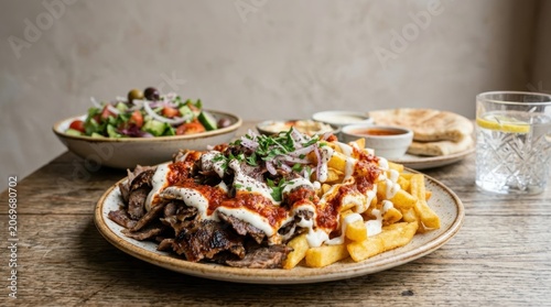 Hearty Shawarma Plate with Fries, Salad, and Sauces, a Delicious Mediterranean Meal Offering Savory Flavors