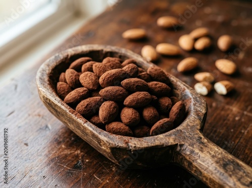 Rich Chocolate Covered Almonds in Rustic Wooden Scoop on Textured Surface