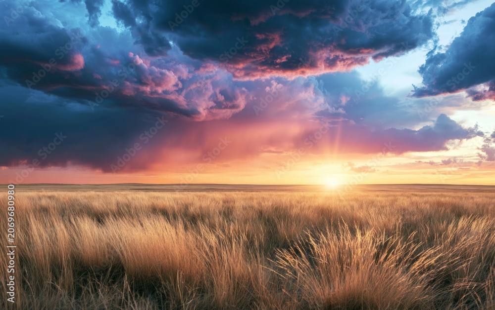 Fototapeta premium Vibrant Sunset Over Golden Grassland Highlighting Colors and Clouds Beneath Dramatic Sky at Dusk