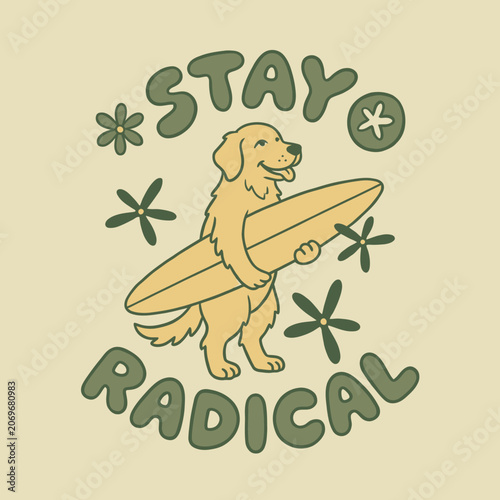 Golden Retriever Holding Surfboard Standing.
