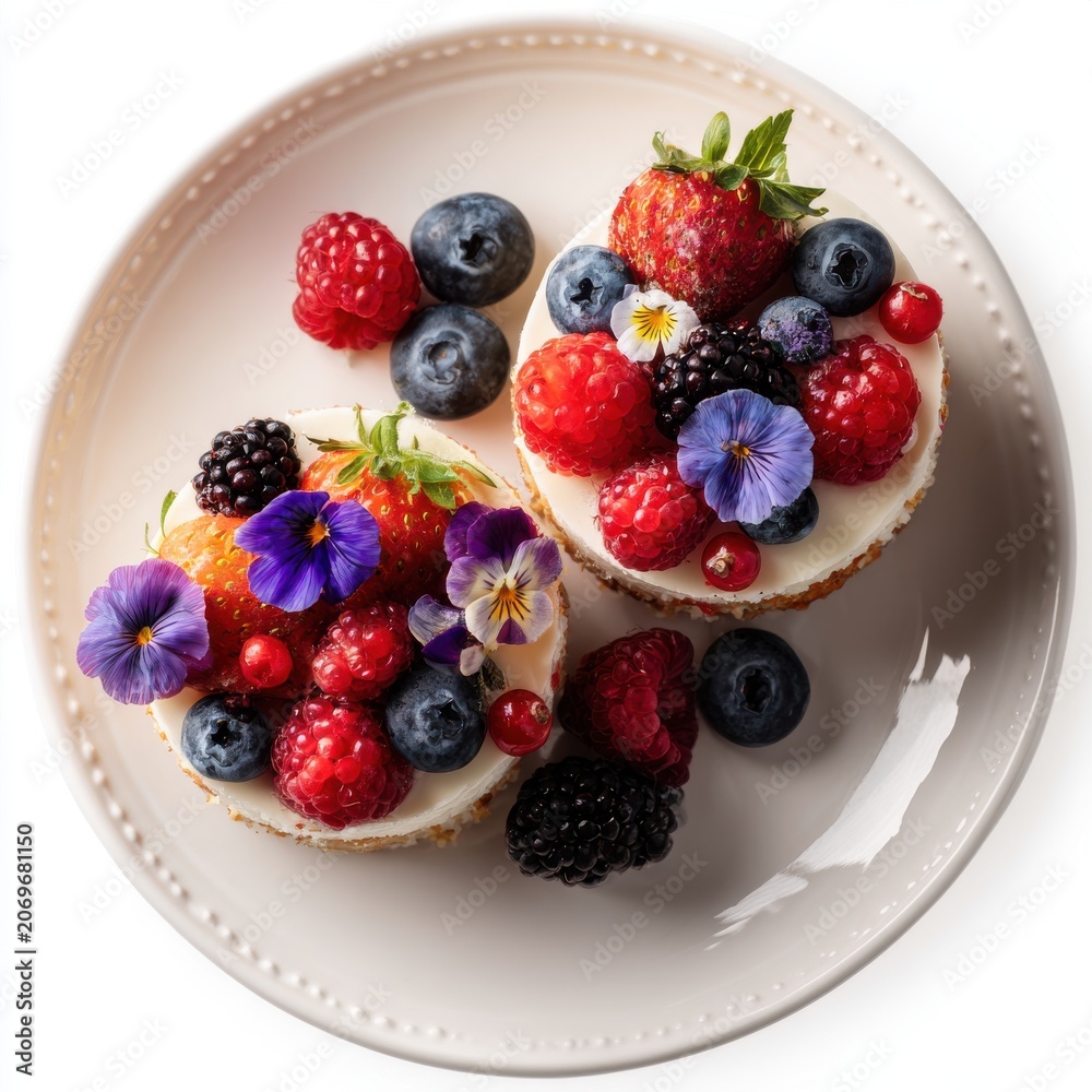 Obraz premium dessert plate with layered mini cheesecakes topped isolated on a white background