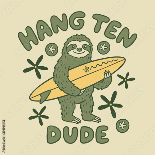Принти на полотні Sloth holding yellow surfboard tight.
