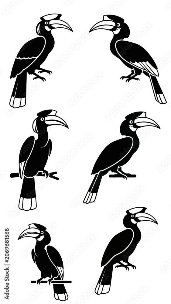 Obraz premium Black Silhouette Hornbill Birds Perched on Branches - Minimalist Vector Illustration