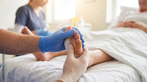 Doctor applying bandage to patient foot for wound care in hospital room