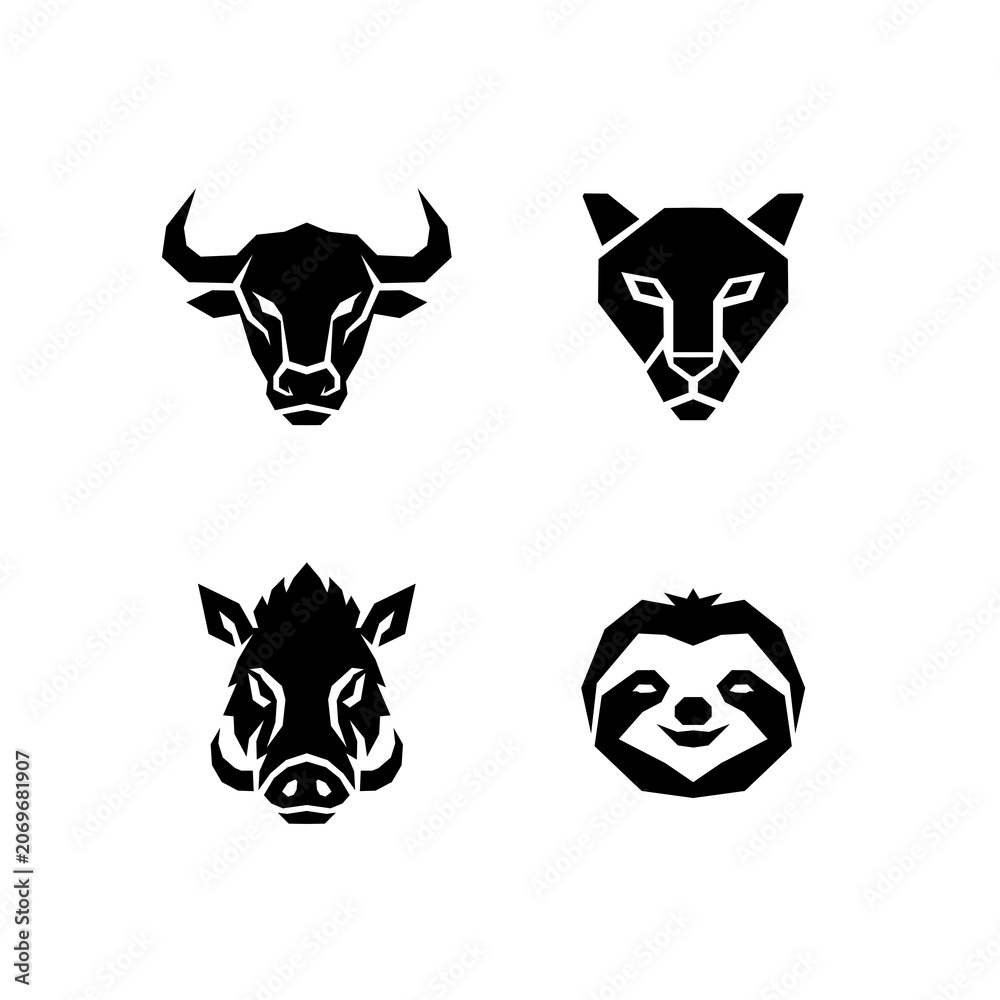 Fototapeta premium Bull, panther, wild boar, and sloth minimalist geometric animal head vector set