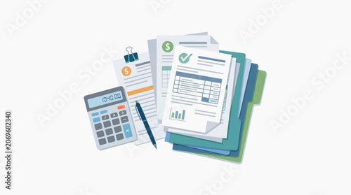 Financial Documents and Calculator with Pen and Folder for Accounting and Budgeting Concepts