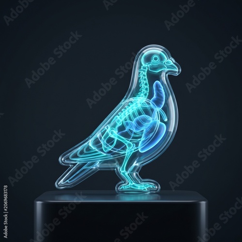 3D Translucent X-Ray Icon of a Bird Skeleton for Avian Veterinary and Flight Anatomy.