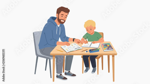 Father helps his son with homework at a wooden table, teaching math and writing