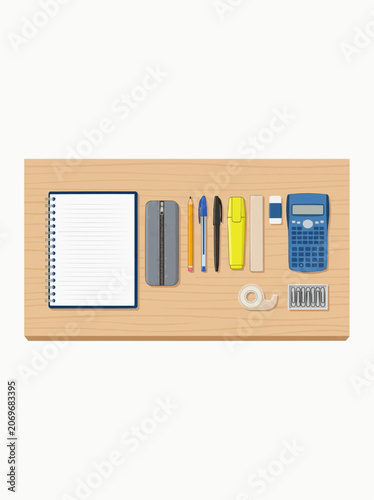 Top View Of School Supplies And Stationery Arranged On A Wooden Desk For Education And Learning