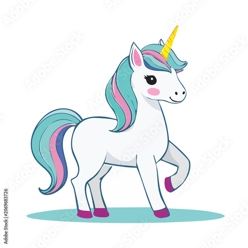 Cartoon unicorn with colorful mane and tail