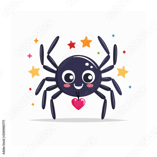 Cute cartoon spider with heart and stars