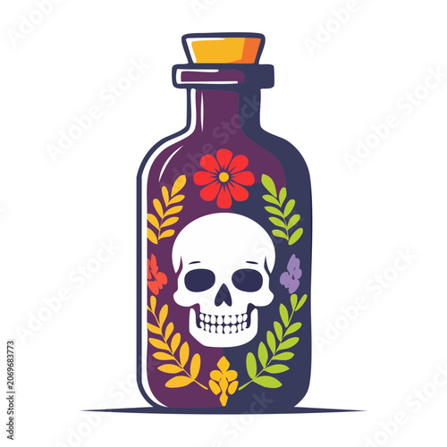 Decorative bottle with skull and colorful flowers