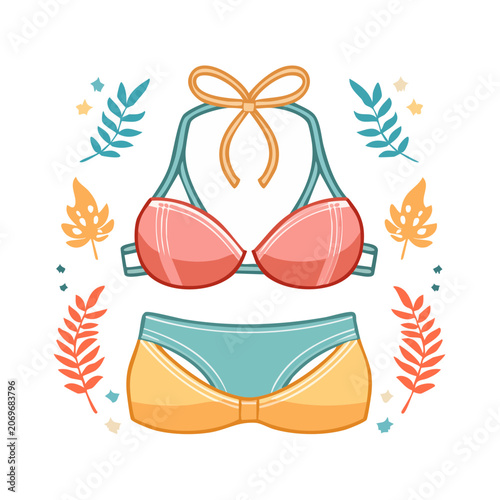 Flat illustration of a colorful bikini set with decorative leaves