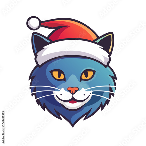 Blue cat face with Santa hat vector illustration