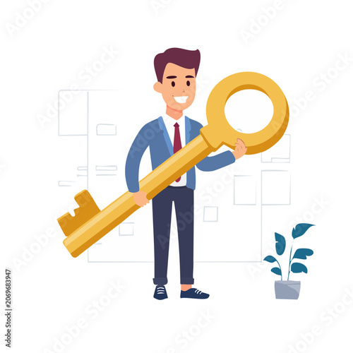 Businessman holding giant golden key illustration