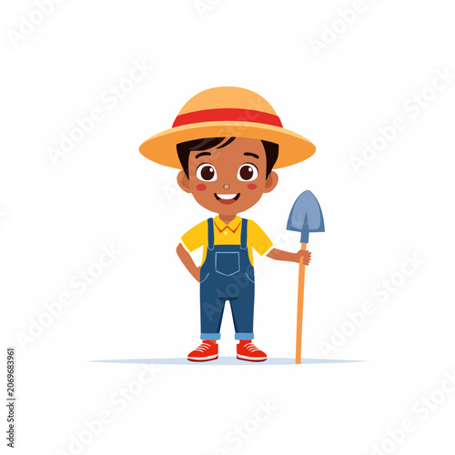 Cartoon boy holding a shovel in farmer outfit