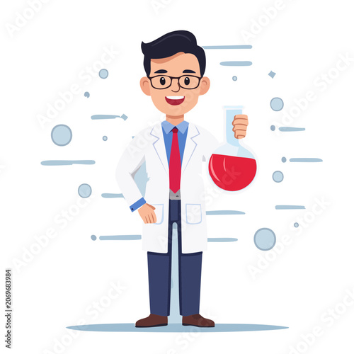 Cartoon scientist holding red flask in lab coat