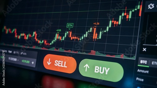 Crypto trading graph, stock market chart, buy sell buttons, financial dashboard, investment screen