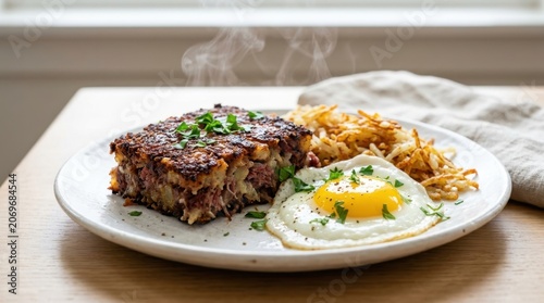 Hearty Breakfast Plate Featuring Fried Egg, Crispy Hash Browns, and Savory Corned Beef Hash Square