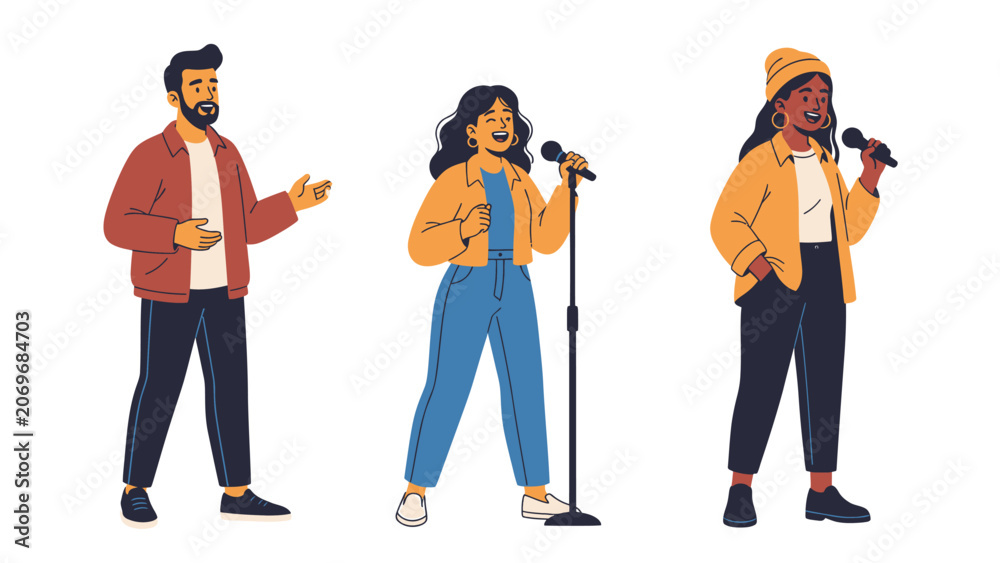 Obraz premium Three diverse people singing or speaking into microphones on a white background, representing performance or public speaking.